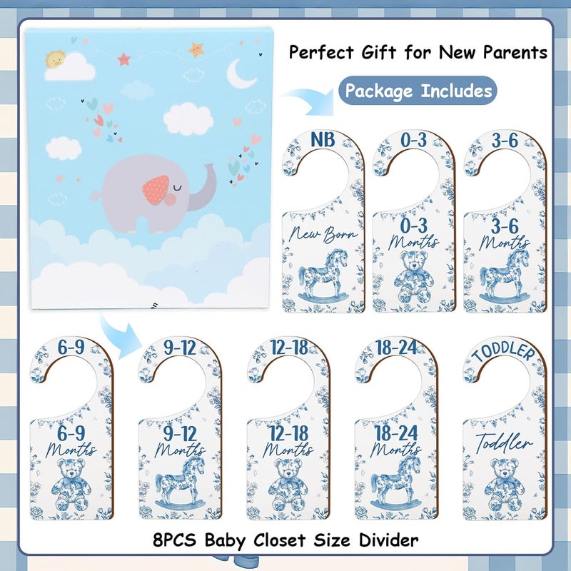 CORNER LACE Baby Closet Dividers 8PCS, Blue Toile Themed Wooden Double-Sided Clothes Size Hanger/Organizer from Newborn to Toddler for Nursery Decor Baby Shower Birthday Gender Reveal Party Gift - Image 5